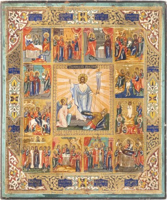 Bild IKONE MIT DER AUFERSTEHUNG CHRISTI UND ZWÖLF HOCHFESTEN