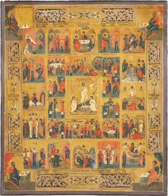 Bild IKONE MIT DER AUFERSTEHUNG CHRISTI, DER PASSION, 16 HOCHFESTEN UND DEN VIER EVANGELISTEN
