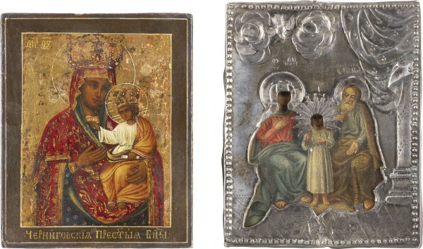 Auction 138<br>ZWEI MINIATUR-IKONEN: HEILIGE FAMILIE MIT SILBER-OKLAD UND GOTTESMUTTER VON TSCHERNIGOW (TSCHERNIGOWSKAJA)