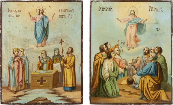 Auction 138<br>ZWEI IKONEN: PROZESSION DES VEREHRUNGSWÜRDIGEN HOLZES DES KREUZES DES HERRN UND HIMMELFAHRT CHRISTI