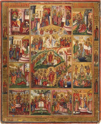 Bild GROSSFORMATIGE IKONE MIT DER AUFERSTEHUNG, HIMMELFAHRT UND HÖLLENFAHRT CHRISTI GERAHMT VON ZWÖLF HOCHFESTEN DES ORTHODOXEN KIRCHENJAHRES