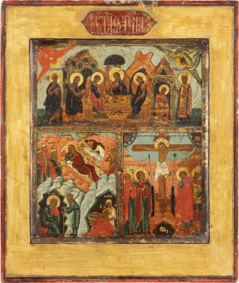 Bild DREIFELDER-IKONE MIT DER ALTTESTAMENTLICHEN DREIFALTIGKEIT SOWIE DER GEBURT UND DER KREUZIGUNG CHRISTI