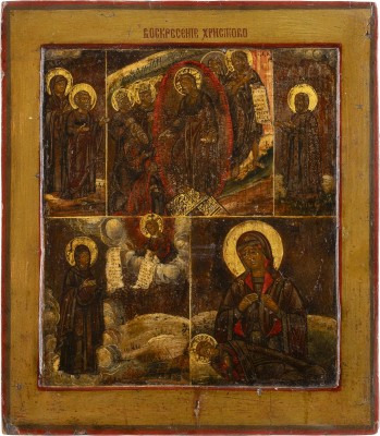 Picture MEHRFELDER-IKONE MIT DER HADESFAHRT CHRISTI UND GNADENBILDERN DER GOTTESMUTTER MIT HEILIGEN