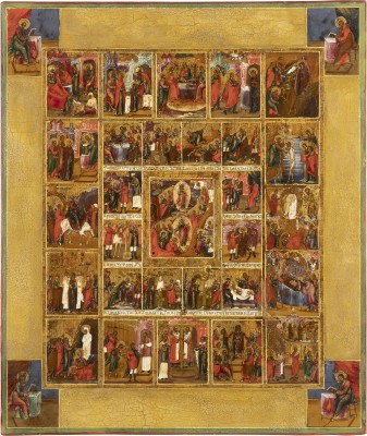 Picture GROSSFORMATIGE IKONE MIT DER HÖLLENFAHRT UND AUFERSTEHUNG CHRISTI, DER PASSION CHRISTI UND 16 HOCHFESTEN