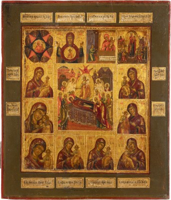 Auction 138<br>SELTENE IKONE MIT DEM ENTSCHLAFEN DER GOTTESMUTTER UND ZWÖLF GNADENBILDERN DER GOTTESMUTTER