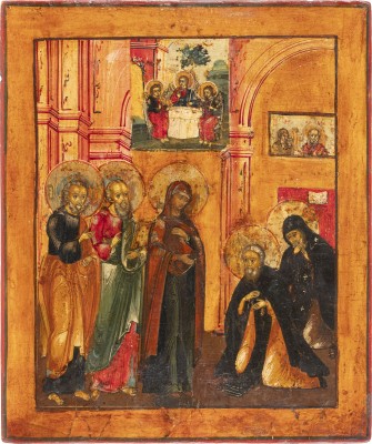 Auktion 138<br>IKONE MIT DEM ERSCHEINEN DER GOTTESMUTTER VOR DEM HEILIGEN SERGEJ VON RADONESCH