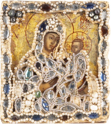 Auction 138<br>MINIATUR-IKONE MIT DER GOTTESMUTTER VON TICHWIN (TICHWINSKAJA) MIT PERL-RIZA