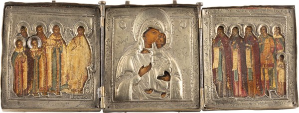 Auction 138<br>FEINES TRIPTYCHON MIT DER GOTTESMUTTER VON TOLGA FLANKIERT VON HEILIGEN