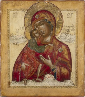 Auction 138<br>GROSSFORMATIGE SIGNIERTE UND DATIERTE IKONE MIT DER GOTTESMUTTER FEODOROWSKAJA