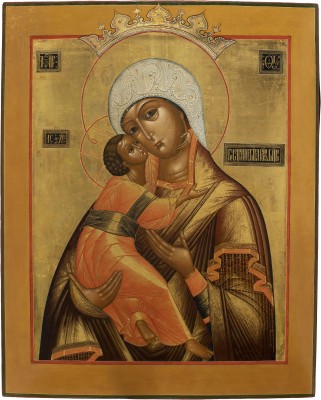 Auction 138<br>MONUMENTALE IKONE MIT DER GOTTESMUTTER VON WLADIMIR (WLADIMIRSKAJA) AUS EINER KIRCHE-IKONOSTASE