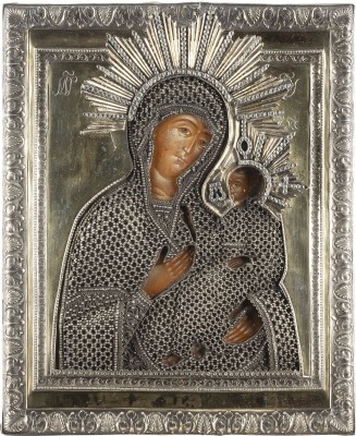 Auction 138<br>FEINE IKONE MIT DER GOTTESMUTTER IWERSKAJA MIT VERMEIL-RIZA