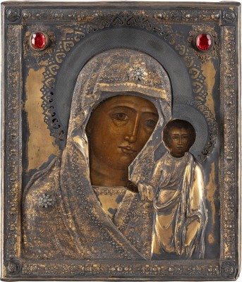 Auction 138<br>IKONE MIT DER GOTTESMUTTER VON KASAN (KASANSKAJA) MIT VERMEIL-OKLAD