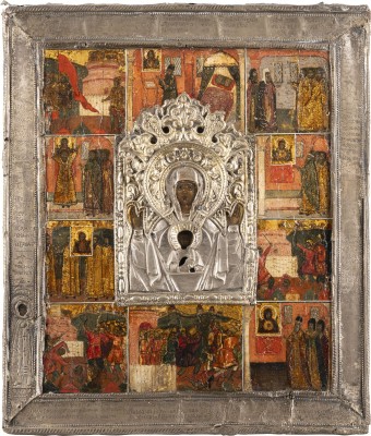 Auction 138<br>IKONE MIT DER GOTTESMUTTER DES ZEICHENS (ZNAMENIE) UND IHREN WUNDERTATEN MIT SILBER-BASMA