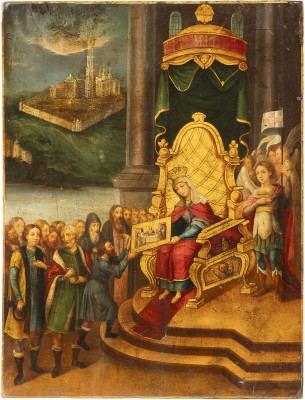 Auction 138<br>SEHR SELTENE IKONE MIT DER LEGENDE VOM BAU DER MARIAE HIMMELFAHRTS-KATHEDRALE IM KIEWER HÖHLENKLOSTER