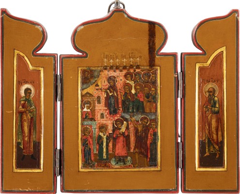 Auktion 138<br>TRIPTYCHON MIT DER GOTTESMUTTER POKROW UND ZWEI HEILIGEN