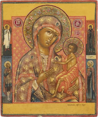 Auktion 138<br>DATIERTE IKONE MIT DERGOTTESMUTTER 'O VSEPETAJA MATI' (OH DU VON ALLEN GEPRIESENE MUTTER)
