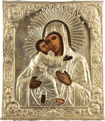 Auction 138<br>IKONE MIT DER GOTTESMUTTER VON WLADIMIR (WLADIMIRSKAJA) MIT OKLAD