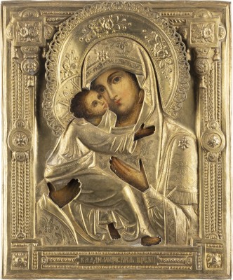 Auktion 138<br>IKONE MIT DER GOTTESMUTTER VON WLADIMIR (WLADIMIRSKAJA) MIT OKLAD