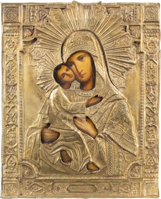 Auktion 138<br>KLEINE IKONE MIT DER GOTTESMUTTER VON WLADIMIR (WLADIMIRSKAJA) MIT OKLAD
