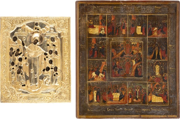 Auction 138<br>ZWEI IKONEN: GOTTESMUTTER 'FREUDE ALLER LEIDENDEN' MIT DEN MÜNZEN MIT OKLAD UND FESTTAGSIKONE