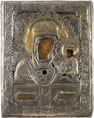 Auktion 138<br>IKONE MIT DER GOTTESMUTTER VON TSCHENSTOCHAU (ERWEICHEN DER HARTEN HERZEN) MIT OKLAD