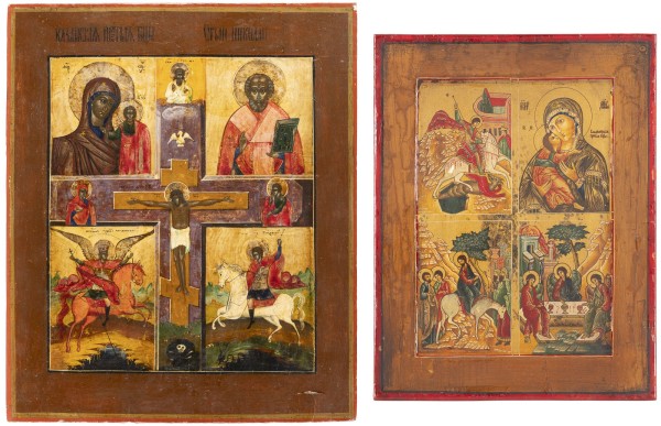 Auction 138<br>ZWEI VIERFELDER-IKONEN MIT GNADENBILDERN DER GOTTESMUTTER UND AUSGEWÄHLTEN HEILIGEN