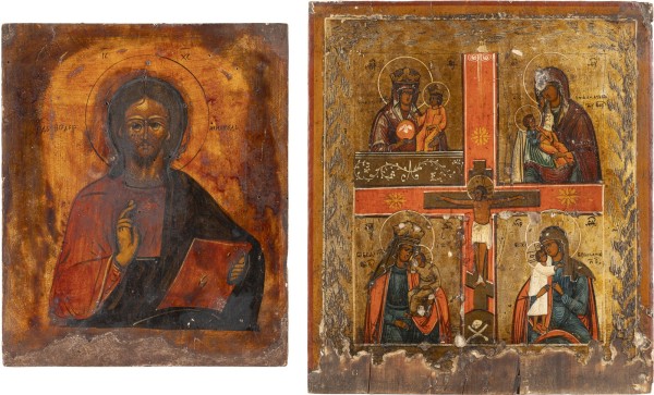 Picture ZWEI IKONEN: CHRISTUS PANTOKRATOR UND VIERFELDER-IKONE MIT GNADENBILDERN DER GOTTESMUTTER