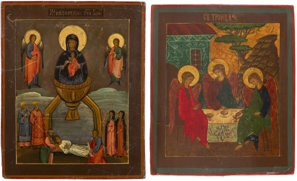 Auction 138<br>ZWEI IKONEN: GOTTESMUTTER 'LEBENSSPENDENDER QUELL' UND ALTTESTAMENTLICHE DREIFALTIGKEIT