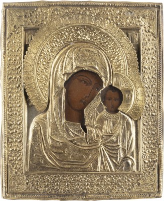Auktion 138<br>IKONE MIT DER GOTTESMUTTER VON KASAN (KASANSKAJA) MIT OKLAD