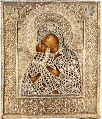 Auktion 138<br>IKONE MIT DER GOTTESMUTTER VON WLADIMIR (WLADIMIRSKAJA) MIT PERL-OKLAD