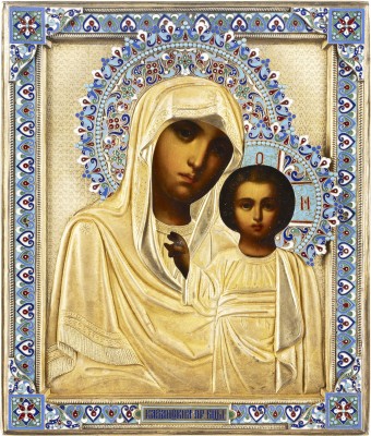 Auction 138<br>IKONE MIT DER GOTTESMUTTER VON KASAN (KASANSKAJA) MIT CLOISONNÉ-EMAIL-OKLAD