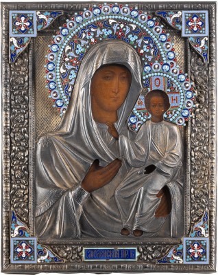 Auction 138<br>KLEINE IKONE MIT DER GOTTESMUTTER VON SMOLENSK (SMOLENSKAJA) MIT CLOISONNÉ-EMAIL-OKLAD