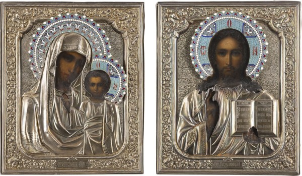 Auktion 138<br>PAAR HOCHZEITS-IKONEN MIT CLOISONNÉ-EMAIL-OKLAD: CHRISTUS PANTOKRATOR UND GOTTESMUTTER VON KASAN (KASANSKAJA)