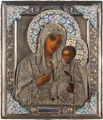 Auktion 138<br>FEINE IKONE MIT DER GOTTESMUTTER IWERSKAJA MIT FILIGRAN UND CLOISONNÉ-EMAIL-OKLAD