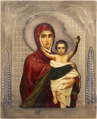 Auktion 138<br>JUGENDSTIL-IKONE MIT DER GOTTESMUTTER VASNETSOVSKAJA MIT VERMEIL-RIZA