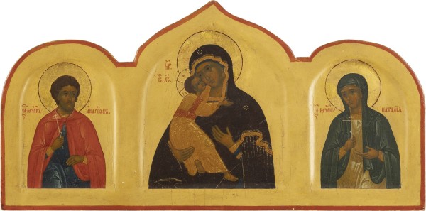 Picture KLEINE IKONE MIT DER GOTTESMUTTER VON WLADIMIR (WLADIMIRSKAJA) FLANKIERT VON DEN HEILIGEN NATALIJA UND ANDRIAN