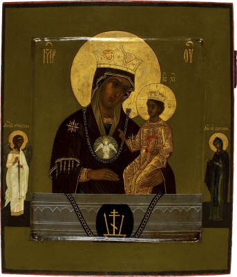Auktion 138<br>SIGNIERTE UND DATIERT IKONE MIT DER GOTTESMUTTER VON TSCHENSTOCHAU (ERWEICHEN DER HARTEN HERZEN)