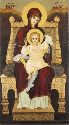 Bild MONUMENTALE IKONE MIT DER THRONENDEN GOTTESMUTTER IM STIL VON WIKTOR MICHAILOWITSCH WASNEZOW