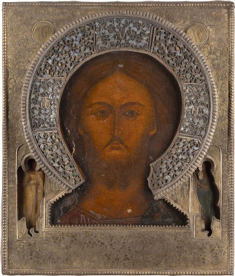Auction 138<br>SEHR FEINE IKONE MIT CHRISTUS 'DAS GRIMMER AUGE' MIT CLOISONNÉ-EMAIL-RIZA