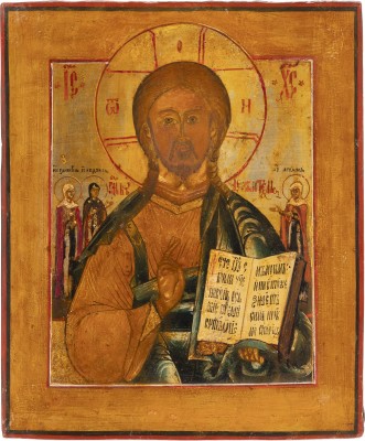Auction 138<br>IKONE MIT CHRISTUS PANTOKRATOR MIT DREI MÄRTYRERINNEN