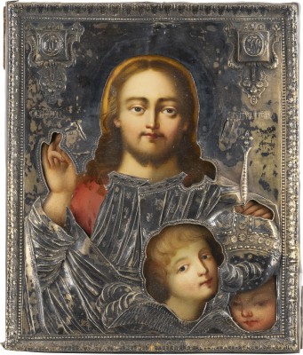 Auktion 138<br>FEINE IKONE MIT CHRISTUS DEM WELTENHERRSCHER MIT VERMEIL-RIZA