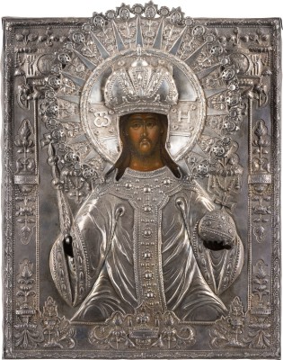 Auktion 138<br>SELTENE IKONE MIT CHRISTUS ALS HOHEPRIESTER MIT SILBER-OKLAD