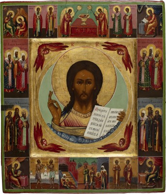 Picture FEINE IKONE MIT CHRISTUS PANTOKRATOR MIT DEN EVANGELISTEN UND AUSGEWÄHLTEN HEILIGEN