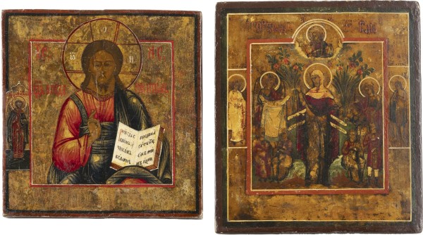 Picture ZWEI KLEINE IKONEN: CHRISTUS PANTOKRATOR UND DIE GOTTESMUTTER 'FREUE ALLER LEIDENDEN'