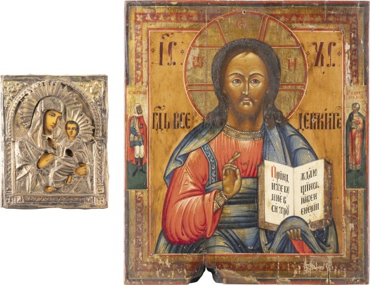 Auction 138<br>ZWEI IKONEN: GROSSFORMATIGE IKONE MIT CHRISTUS PANTOKRATOR UND GOTTESMUTTER VON TICHWIN MIT OKLAD IM KIOT