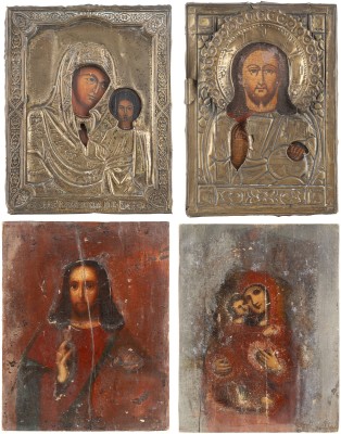 Auktion 138<br>VIER KLEINE IKONEN: CHRISTUS PANTOKRATOR UND GNADENBILDERN DER GOTTESMUTTER