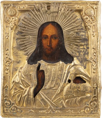 Auktion 138<br>IKONE MIT CHRISTUS DEM WELTENHERRSCHER MIT OKLAD