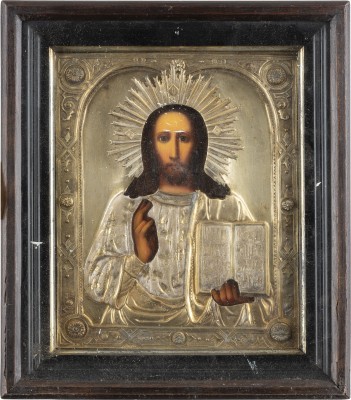 Auction 138<br>IKONE MIT CHRISTUS PANTOKRATOR MIT OKLAD IM KIOT