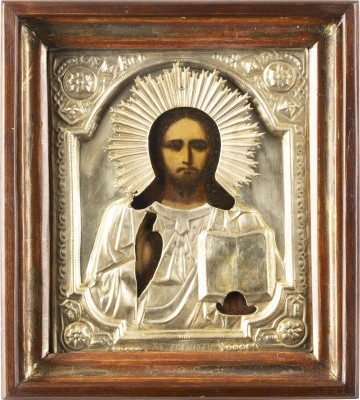 Auction 138<br>GROSSE IKONE MIT CHRISTUS PANTOKRATOR MIT OKLAD IM KIOT