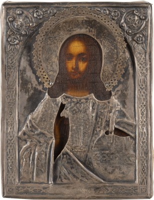 Auktion 138<br>KLEINE IKONE MIT CHRISTUS PANTOKRATOR MIT SILBER-OKLAD